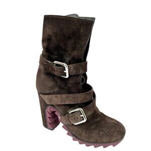 JIL SANDER Size 5.5 Brown Suede Double Buckle Ankle Boots Serrated Sole